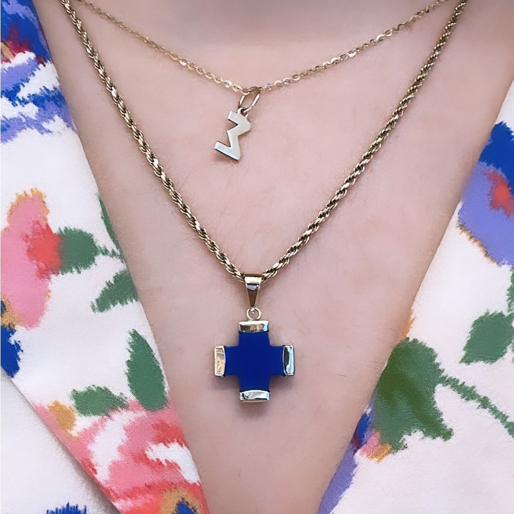 14K Gold Royal Blue Greek Cross